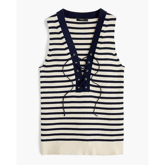 J.Crew Ribbed Striped lace-up sweater tank blue white Sz Large nautical Preppy - Picture 2 of 7
